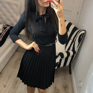 Women Pleated High Waist Belt Party Dress