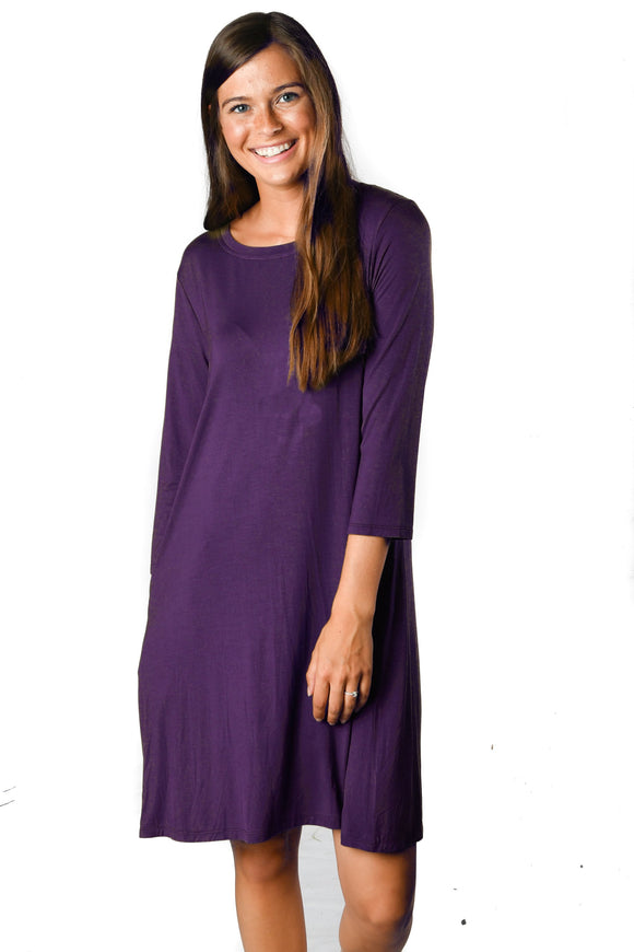 3/4 Sleeve Deep Plum Pocket Tunic Dress