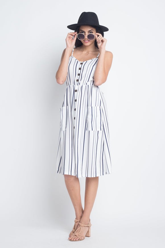 Women's Striped Button Midi Sleeveless Dress