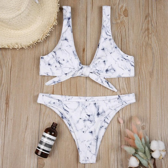 Enchanting Women Sexy Split Swimwear Marble Print