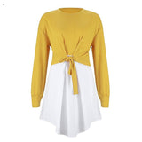 Women Patchwork High Waist Knot Long Sleeve Spring