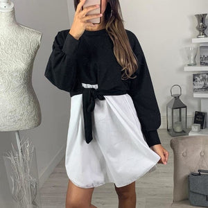 Women Patchwork High Waist Knot Long Sleeve Spring