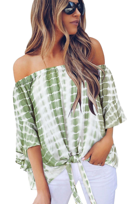 Fashion Green Tie Dye Plaid Off Shoulder Blouse