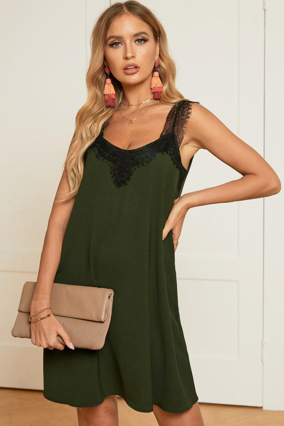 Green V Neck Lace Shoulder Sleeveless Summer Dress