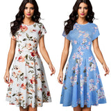 Vintage Elegant Floral Print Pleated Round Neck