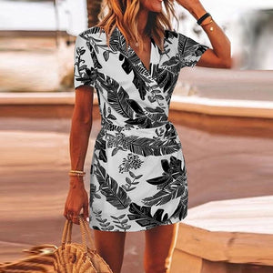 Sexy V Neck Wrap Bandage Leaves Printed Party Dress