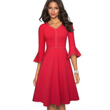 Autumn Elegant Pure Color with Flared Sleeve Dresses Cocktail Party Women Swing A-line Dress A221