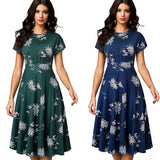 Vintage Elegant Floral Print Pleated Round Neck