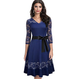 Retro Elegant Lace Patchwork with Sash vestidos Party Women Flare A-line