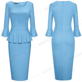 Spring Pure Color Elegant Peplum Work Dresses Formal Business Bodycon Slim Women Dress B609