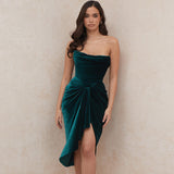 New Arrival Women Strapless Deep Green Velvet Club Dress Sexy Sleeveless Fashion Midi Celebrity Evening