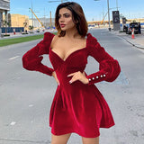 Adyce 2021 Winter Mini Wine Red Long Puff Sleeve Women Dress Sexy V Neck Velvet Buttons Lady Celebrity Evening Club Party Dress