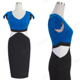 Nice-forever Elegant Contrast Color Patchwork Dresses Office Business Bodycon Sheath Women Dress bty998