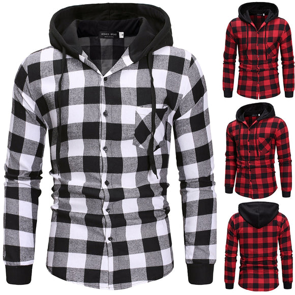 Fashion Plaid Hooded Dual Pockets Long Sleeve Men's Casual Slim Fit Shirt Top Lumberjack Check Shirt