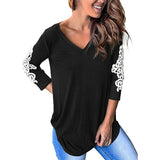 Women's Lace Patchwork T-Shirt Three Quarter Sleeve V-Neck T-Shirt Solid Color Loose Casual Ladies Tee Tops