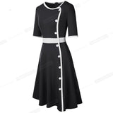 Retro Elegant Contrast Color Patchwork with Button Dresses Business Party Autumn