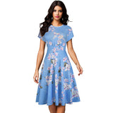 Vintage Elegant Floral Print Pleated Round Neck