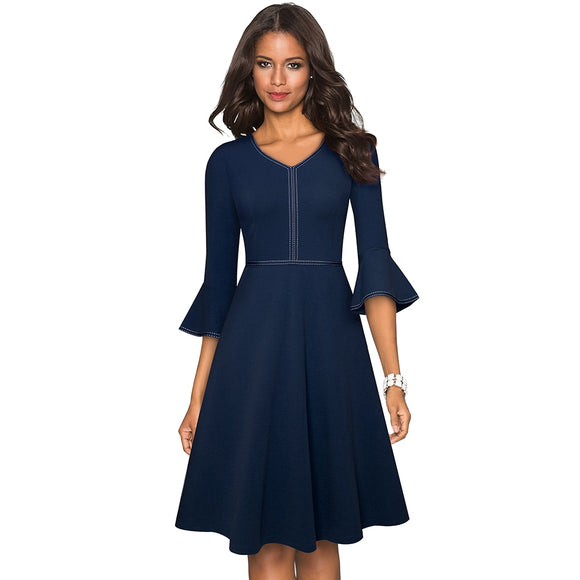 Autumn Elegant Pure Color with Flared Sleeve Dresses Cocktail Party Women Swing A-line Dress A221