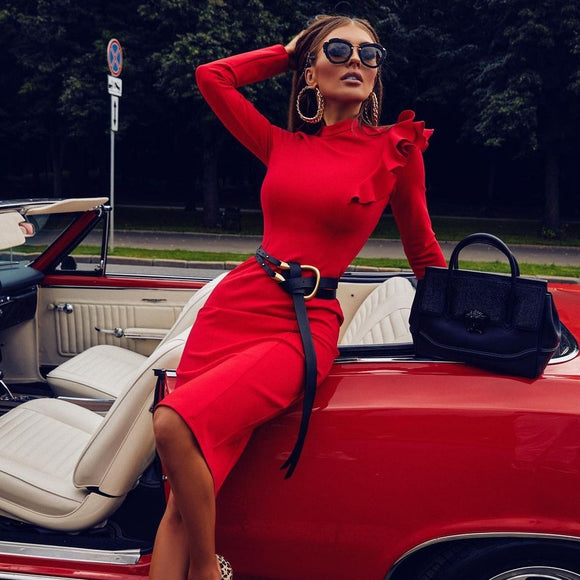 New Winter Red Black Long Sleeve Club Bodycon Bandage Dress Sexy Women Ruffles Knee Length Midi Celebrity Party Dress