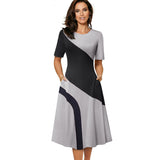 Spring Retro Contrast Color Patchwork A-line Dresses Business Work