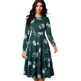 Vintage Elegant Floral Print Pleated Round Neck