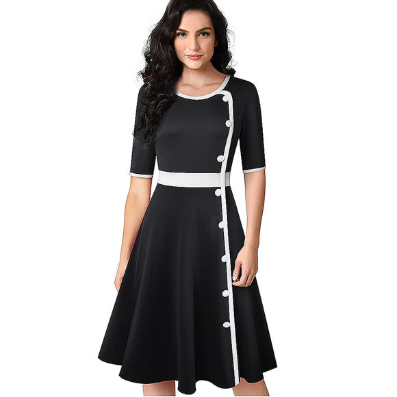 Retro Elegant Contrast Color Patchwork with Button Dresses Business Party Autumn