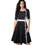 Retro Elegant Contrast Color Patchwork with Button Dresses Business Party Autumn