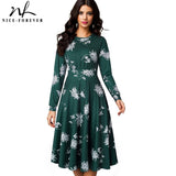 Vintage Elegant Floral Print Pleated Round neck vestidos A-Line Pinup Business Party Women Flare Swing Dress A102