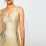 New Summer Women Tank V Neck Silver Bandage Dress Sexy Sleeveless Gold Mini Bodycon Club Celebrity Runway Party Dress