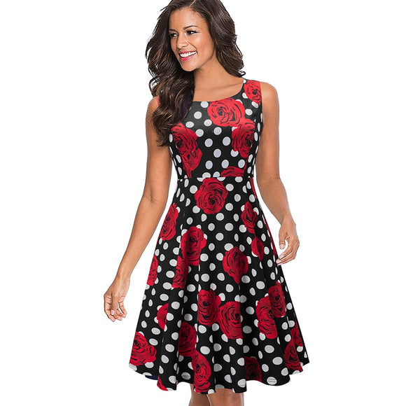 Summer Women Polka Dots with Floral Retro Sun Dresses Party Pinup Flare