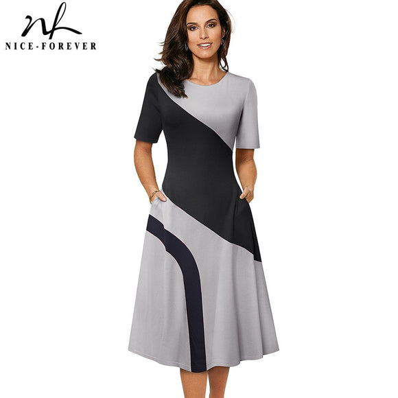 Spring Retro Contrast Color Patchwork A-line Dresses Business Work Flare Swing Women Dress A239