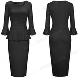 Spring Pure Color Elegant Peplum Work Dresses Formal Business Bodycon Slim Women Dress B609