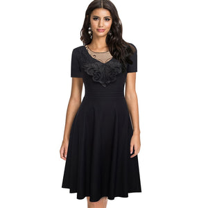 Spring Women Elegant Embroidery Black Mesh Lace Dresses Cocktail Party