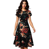 Vintage Elegant Floral Print Pleated Round Neck