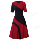 Spring Retro Contrast Color Patchwork A-line Dresses Business Work