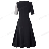 Spring Retro Contrast Color Patchwork A-line Dresses Business Work Flare Swing Women Dress A239