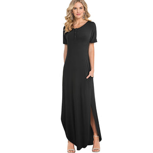 Causal Solid Color Side Split vestidos Pure Button Maxi Women Flare Dress