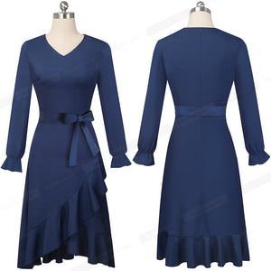 Spring Women Solid Color Peplum Casual Dresses Retro Flared