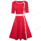 Retro Elegant Contrast Color Patchwork with Button Dresses Business Party Autumn