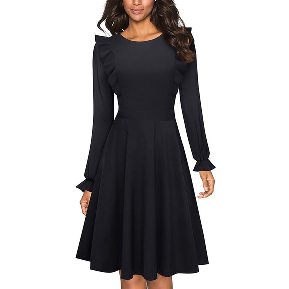 Retro Pure color Ruffle Sleeve Dresses Cocktail Party