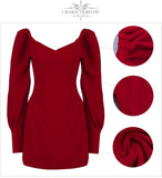 Adyce 2021 Winter Mini Wine Red Long Puff Sleeve Women Dress Sexy V Neck Velvet Buttons Lady Celebrity Evening Club Party Dress