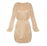 Gold Balloon Sleeve Party Dress With Waist Tie