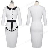 Elegant Contrast Color Patchwork Office with Botton Ruffle vestidos Business Formal Winter