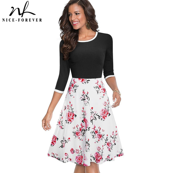 Nice-forever 2021 Spring Retro Floral Patchwork Elegant Dresses Casual Flare Swing Women Dress A243