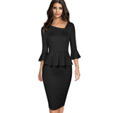 Spring Pure Color Elegant Peplum Work Dresses Formal Business Bodycon Slim Women Dress B609