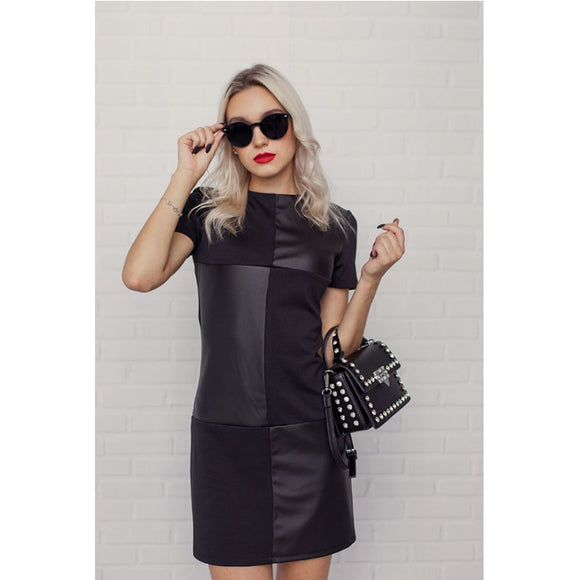 Women Vintage Leather Patchwork Elegant Office Dress Long Sleeve O neck Solid Casual Mini Dress  New Fashion Dress