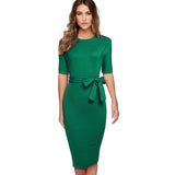 Summer Elegant Pure Green Color with Sash Office Dresses Business Formal