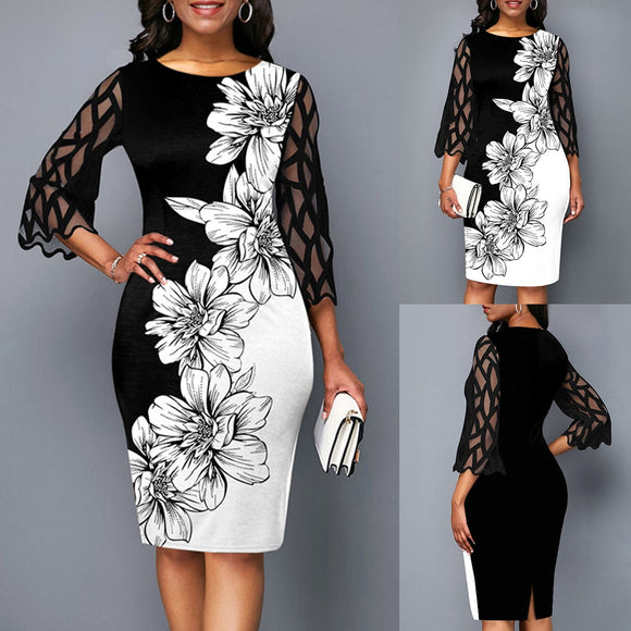 Office Ladies Floral  Bodycon Dress Spring Summer Dress Women Mesh 3/4 Sleeve Vintage Sexy Party