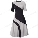 Spring Retro Contrast Color Patchwork A-line Dresses Business Work