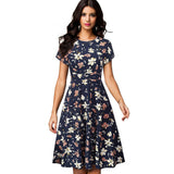 Vintage Elegant Floral Print Pleated Round Neck
